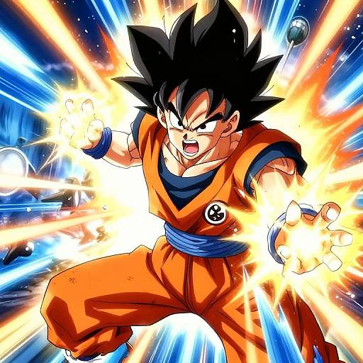 Digital anime-style drawing of Super Saiyan Son Goku, with spiky black hair, orange gi, blue belt, and intense energy blasts. Background features