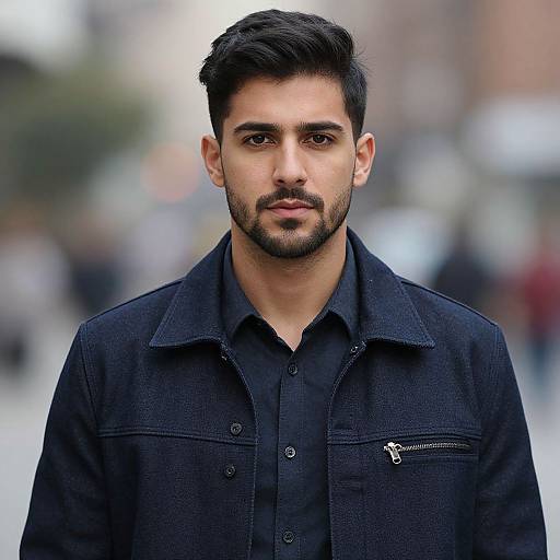 Photograph of a young man with dark hair, trimmed beard, and intense gaze, wearing a black button-up shirt and jacket, standing in a blurred