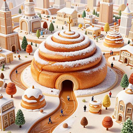 Whimsical 3D CGI cityscape featuring a giant, snow-covered, spiral-shaped pastry with an entrance, surrounded by tiny people, buildings,