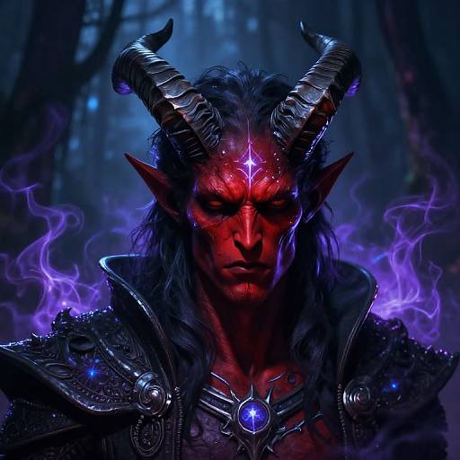 Digital artwork of a red-skinned demon with glowing forehead mark, black horns, and purple smoke, wearing ornate dark armor in a dark forest.