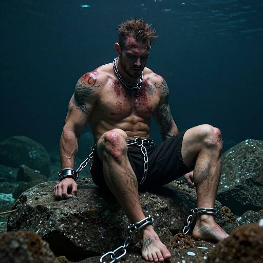Photograph of a muscular, tattooed man with blood on his chest and arms, shackled with chains, sitting on rocks underwater. Dark, mo