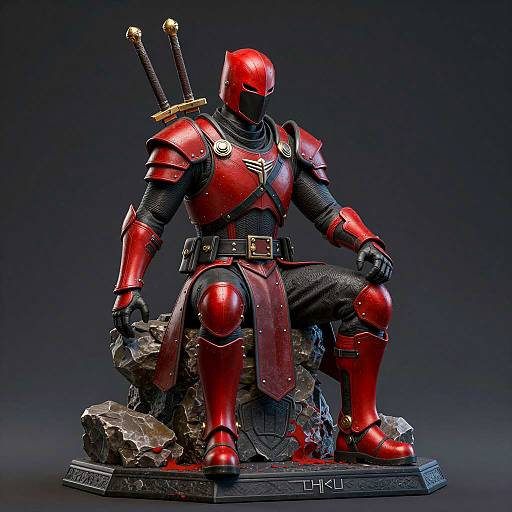 Intense Red Armored Warrior Sculpture