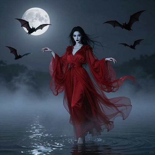 Gothic woman in flowing red dress, black hair, pale skin, wading in moonlit water, surrounded by bats, full moon above.