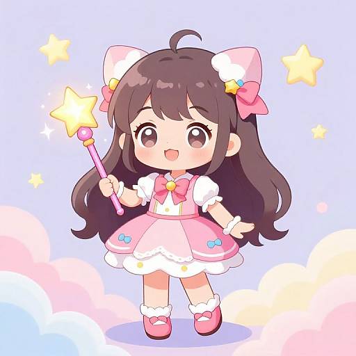 Cute anime-style chibi girl with long brown hair, pink bow, white and pink dress, holding star-topped wand, standing against pastel