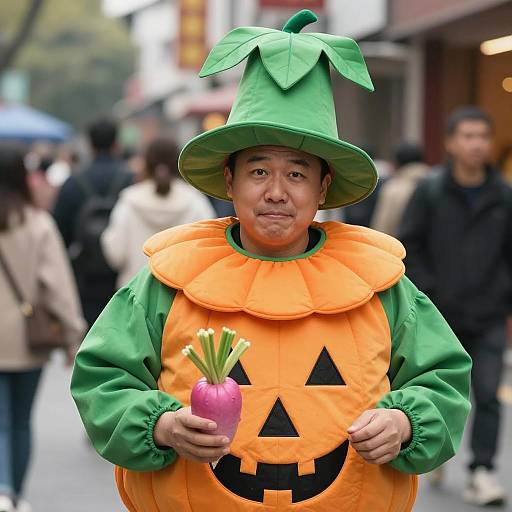 Man in Pumpkin Costume Holding Turnip