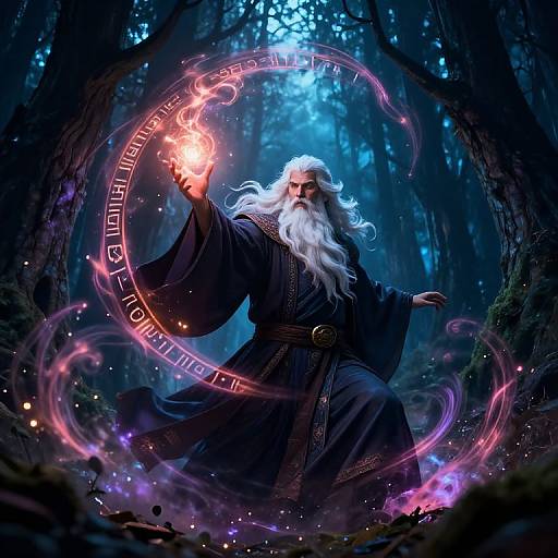 Digital fantasy artwork of a white-bearded wizard in a dark robe, casting a glowing fireball in a mystical, blue-lit forest.