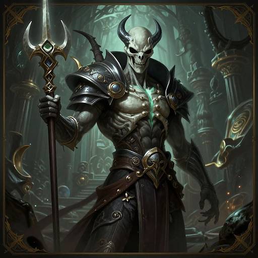 Digital fantasy artwork of a muscular, horned skeleton warrior with glowing blue eyes, holding a trident, clad in dark, ornate armor in a