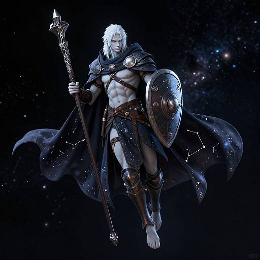 Digital fantasy artwork of a muscular, white-haired warrior with a starry black cape, holding a spear and shield, against a starry night sky background