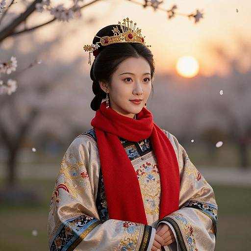 Woman in Traditional Chinese Dress with Crown and Red Scarf