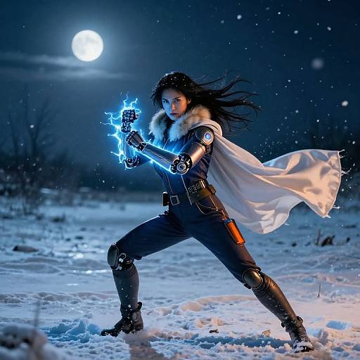 Digital artwork of a fierce, dark-haired woman in a white fur-trimmed cape, wielding glowing blue energy in a snowy night, under a full