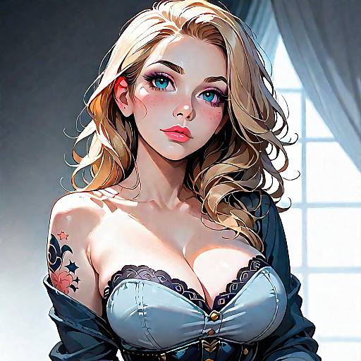 Blonde Woman in Denim Corset with Tattoos
