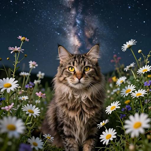 Photograph of a long-haired tabby cat with glowing yellow eyes, sitting in a field of white daisies under a starry, Milky Way