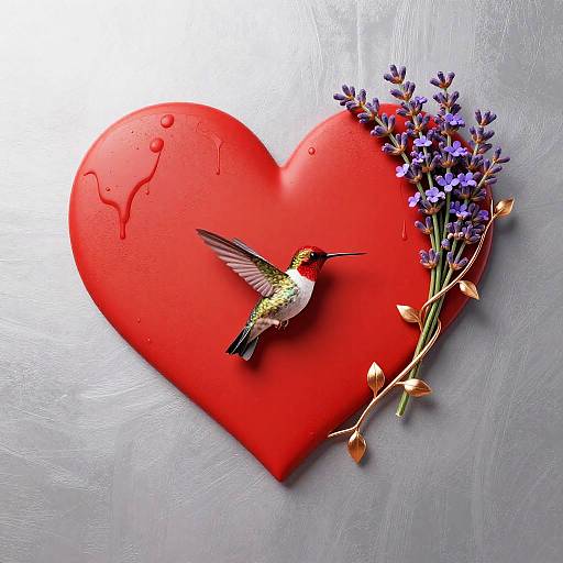 Red Heart with Lavender Bouquet and Ruby Hummingbird