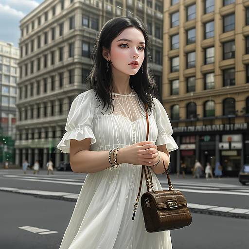 Woman in White Dress on Street