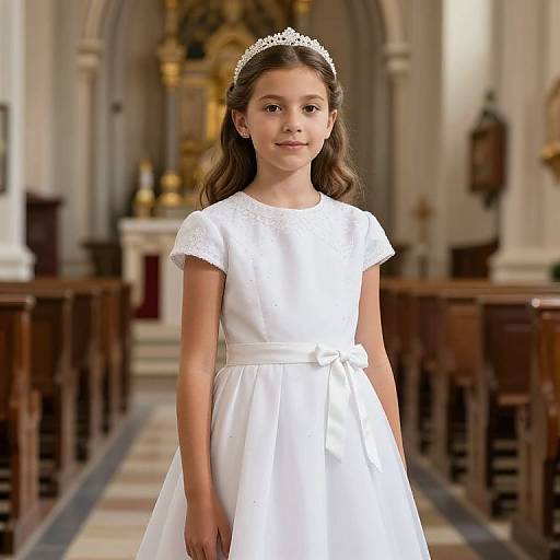 Photograph of a young girl with light brown hair, wearing a white lace dress and silver tiara, standing in a church aisle.