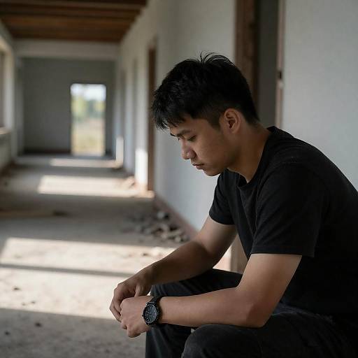 Young Man in Abandoned Sunlit Hallway