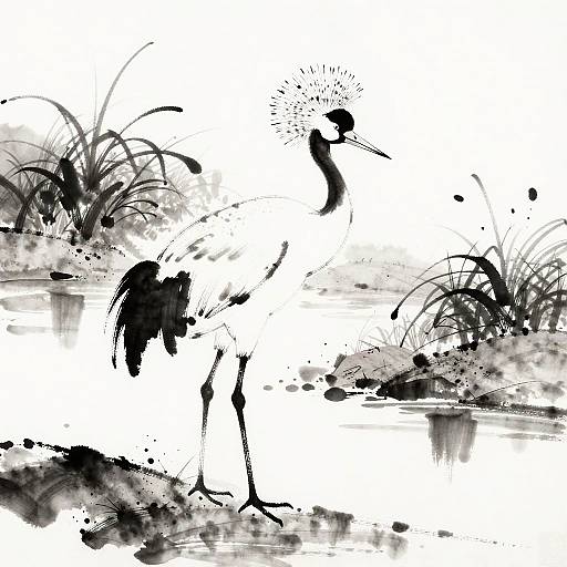 Minimalist Sumi-e Crowned Crane Art