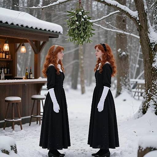 Two Redheaded Women Under Mistletoe in Snowy Forest