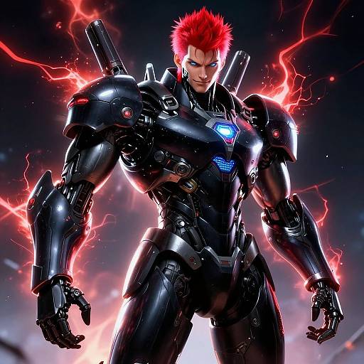 Digital artwork of a muscular, red-haired man in a black, glowing, futuristic armor, surrounded by red electric energy, with a blue light on his