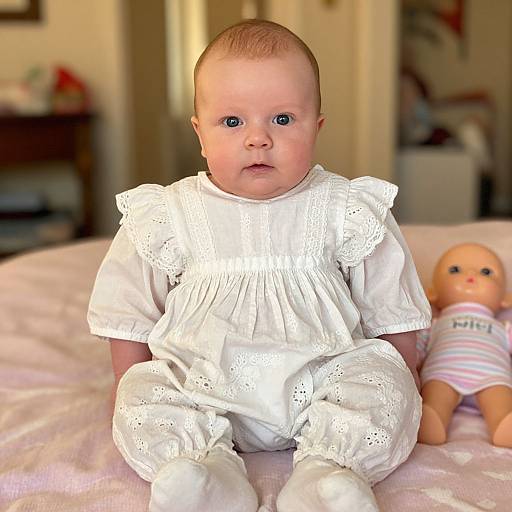 Photograph of a blue-eyed baby in white, lace-trimmed dress and leggings, sitting on bed with doll in pink-striped shirt.
