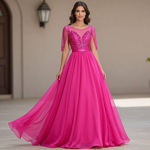 Elegant Woman in Fuchsia Prom Dress