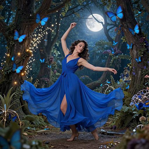 Photograph-like digital art: Curly-haired woman in flowing blue dress dances under moonlit forest arch, surrounded by glowing blue butterflies and fairy lights.