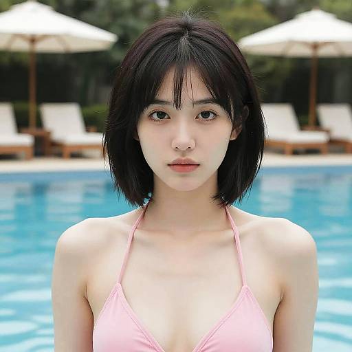 Photorealistic Poolside Portrait, Short Black Hair