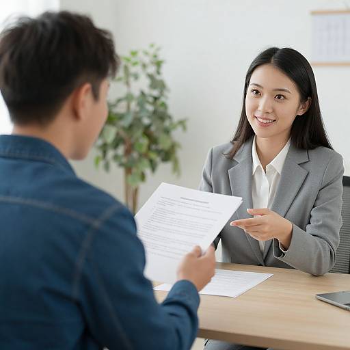 Woman Handing Papers to Man