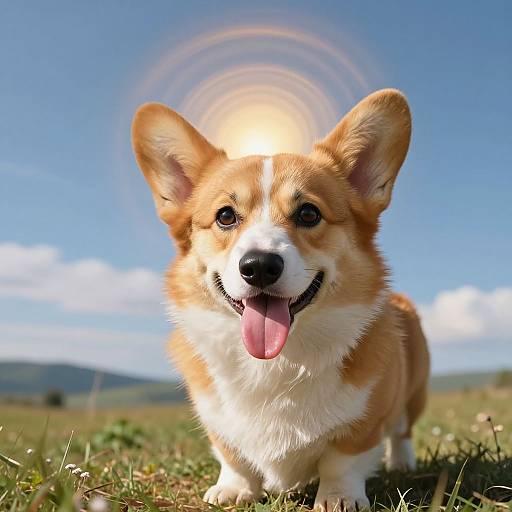Photograph of a happy, brown and white Corgi with large ears, pink tongue out, sun flare behind, standing on grassy field.