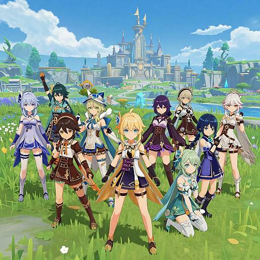 Pixel art of anime-style female characters in colorful, detailed fantasy outfits standing in a vibrant grassy field with a castle in the background. Bright, cheerful