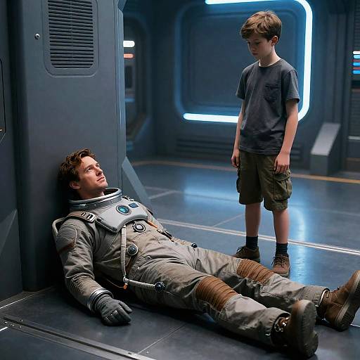 Futuristic Scene with Man and Boy