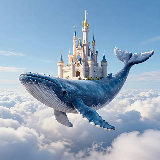 Photorealistic digital artwork of a massive blue whale with detailed textures flying through fluffy clouds, carrying a whimsical, fairy-tale castle with golden accents