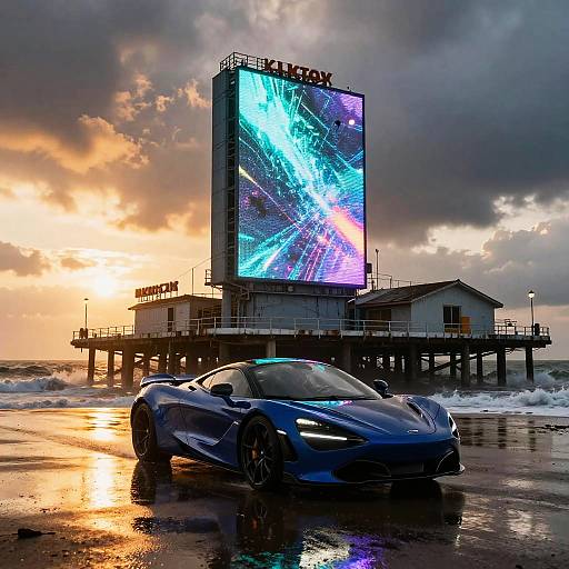 Cobalt Blue McLaren 720S by Seaside Pier at Dusk