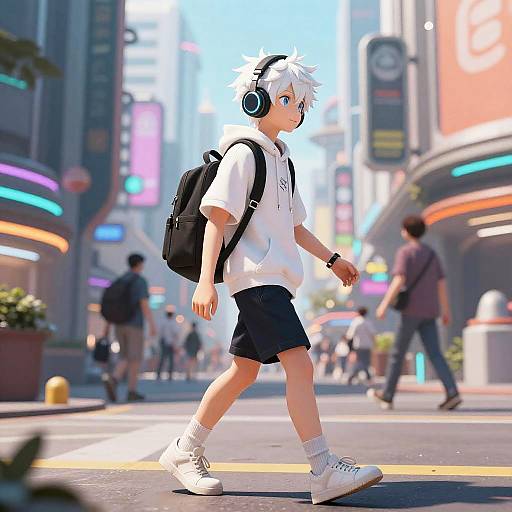 White-Haired Anime Boy in Futuristic City