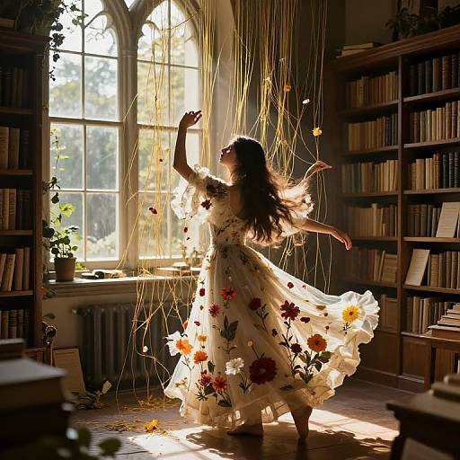 Photograph of a woman with long brown hair in a white floral dress, dancing in sunlit library, surrounded by hanging strings and autumn leaves.