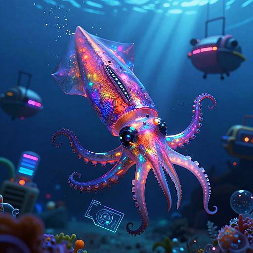 Bioluminescent Squid Captain in Neon Harbor