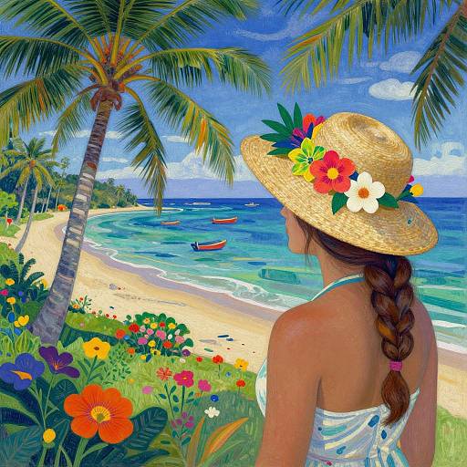 Digital painting of a woman with braided hair, wearing a straw hat with flowers, standing by a tropical beach with palm trees, colorful flowers, and