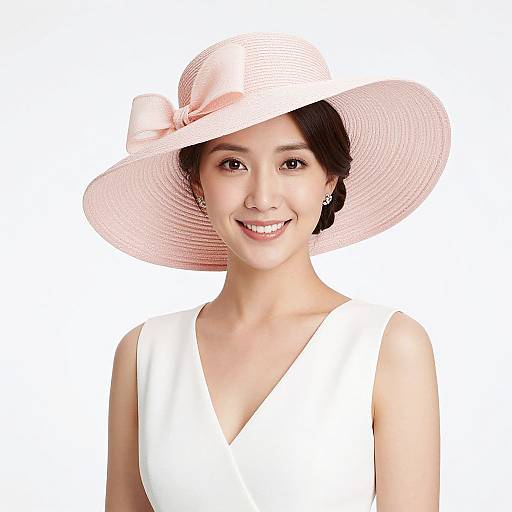 Photograph of a smiling Asian woman with fair skin, wearing a white sleeveless dress and a large pink sunhat with a bow. White background.