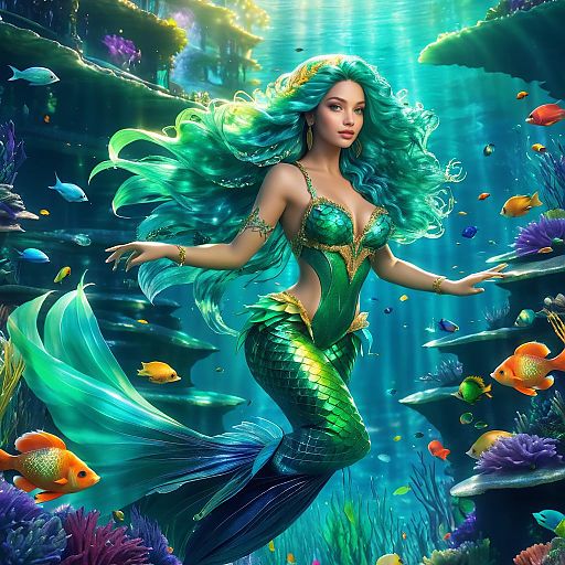 Enchanting Mermaid with Colorful Companions Enchanting Mermaid with Colorful Companions