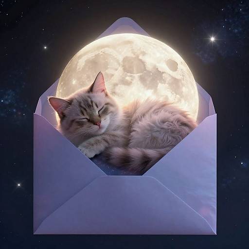 Fluffy, gray and white cat sleeping in a blue envelope, illuminated by a glowing full moon in a starry night sky. Digital artwork.