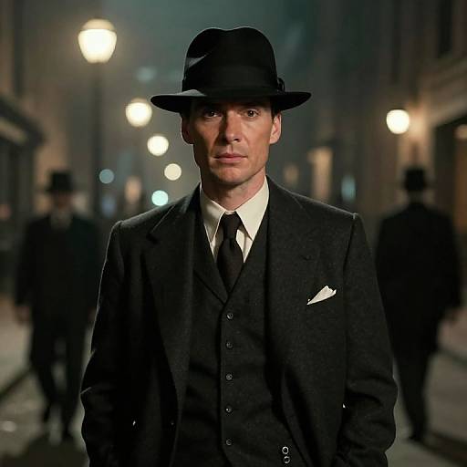 Photograph of a serious, handsome man in a black suit, vest, tie, and fedora, standing on a dimly lit, foggy