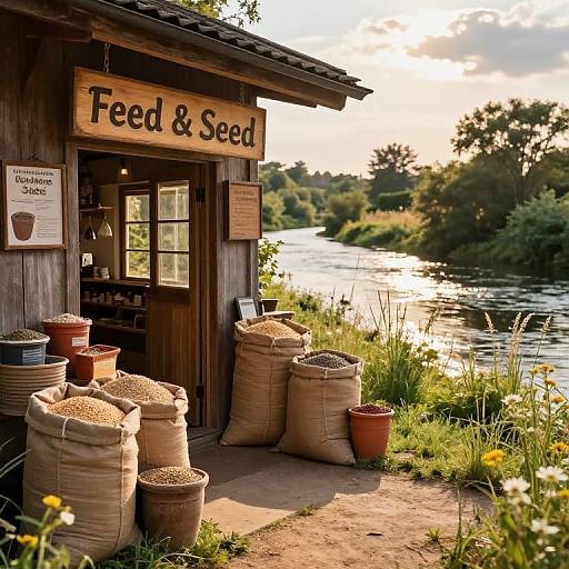 Photograph of a rustic wooden feed and seed shop beside a sunlit river, with sacks of grain and potted plants on the grassy bank.