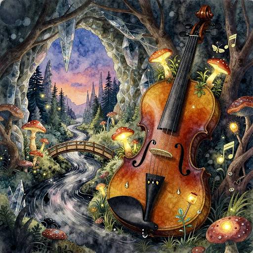 Bioluminescent Violin Forest at Dusk