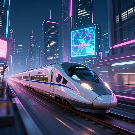 Neon-lit futuristic cityscape with a sleek white Shinkansen bullet train speeding on tracks, surrounded by glowing skyscrapers and vibrant digital bill
