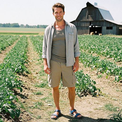 Photograph of a smiling man in a light gray shirt and khaki shorts standing in a sunlit, green crop field with a wooden barn in the