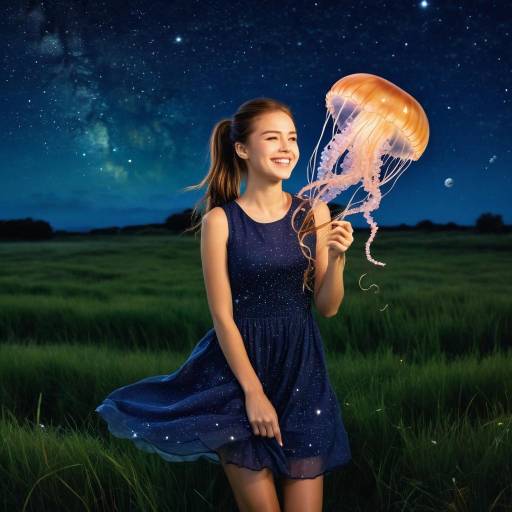 Girl with Jellyfish Under Starry Sky