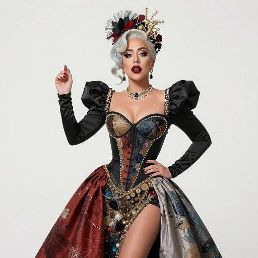 Photograph of a white-haired woman in a black, gold, and red Victorian-style corset gown with puffed sleeves and a feathered headpiece