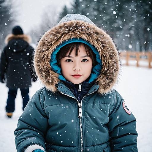 Child in Winter Snowsuit with Fur-Trimmed Hood