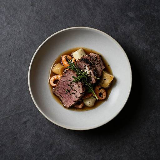 Top-down photograph of a white plate with medium-rare beef, roasted potatoes, herbs, and sauce, set on a dark slate background.
