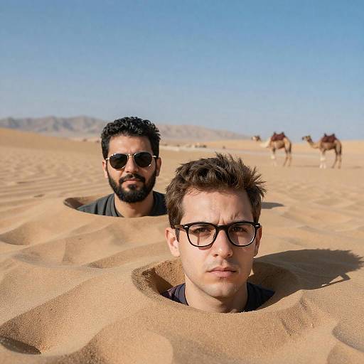 Men in Desert with Camels and Mountains
